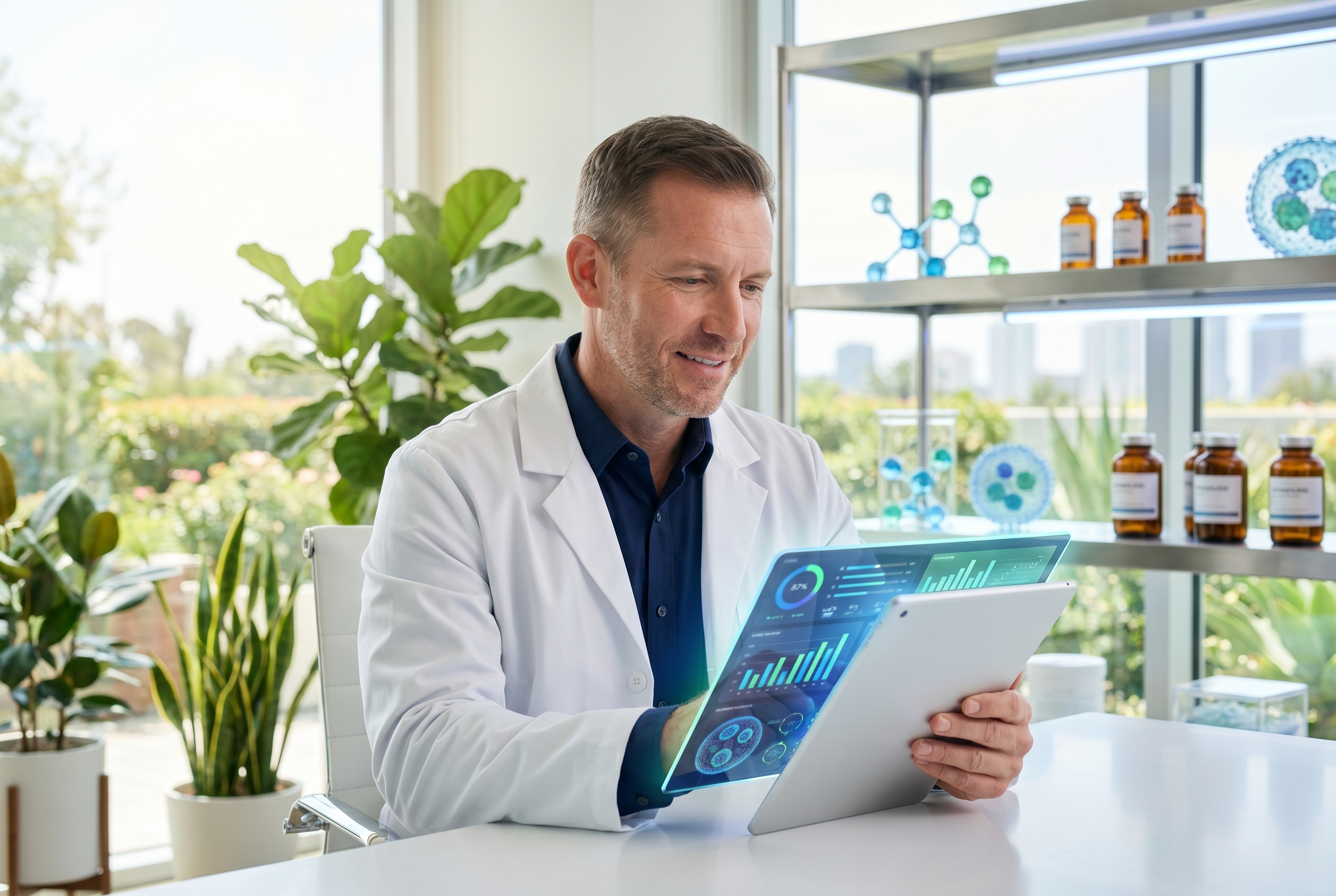 A PureVitaX physician reviewing wellness data in a bright modern clinic