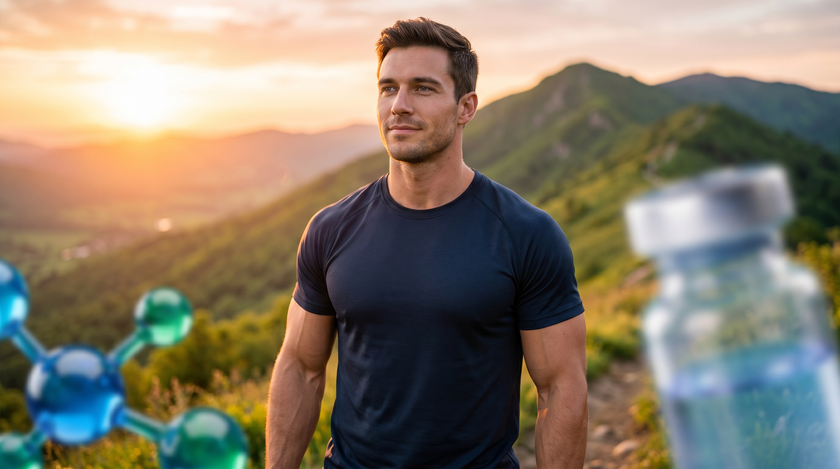 A young, fit man hiking a sunlit mountain trail