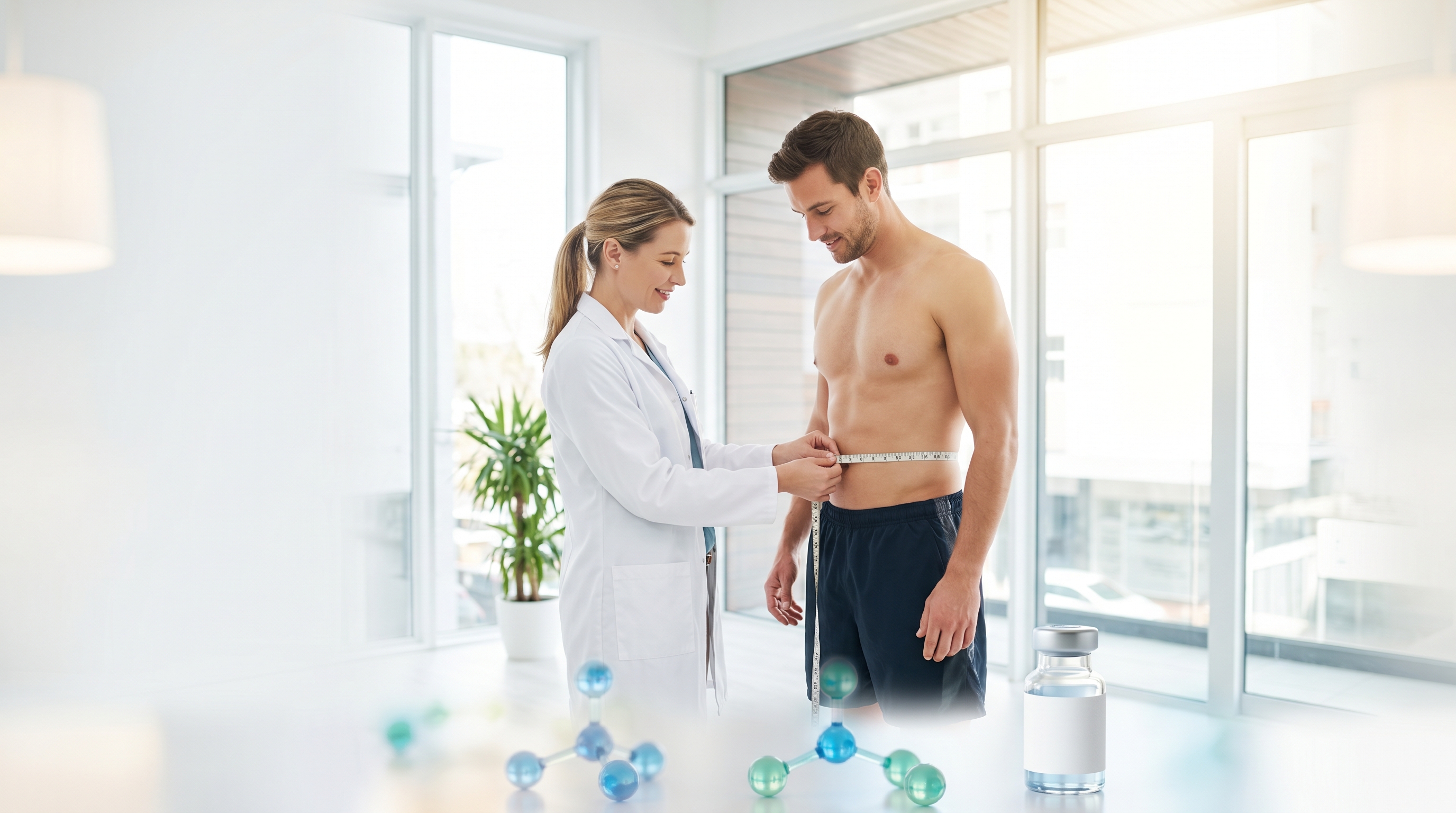 A licensed clinician assessing a fit athlete in a bright modern sports-medicine clinic